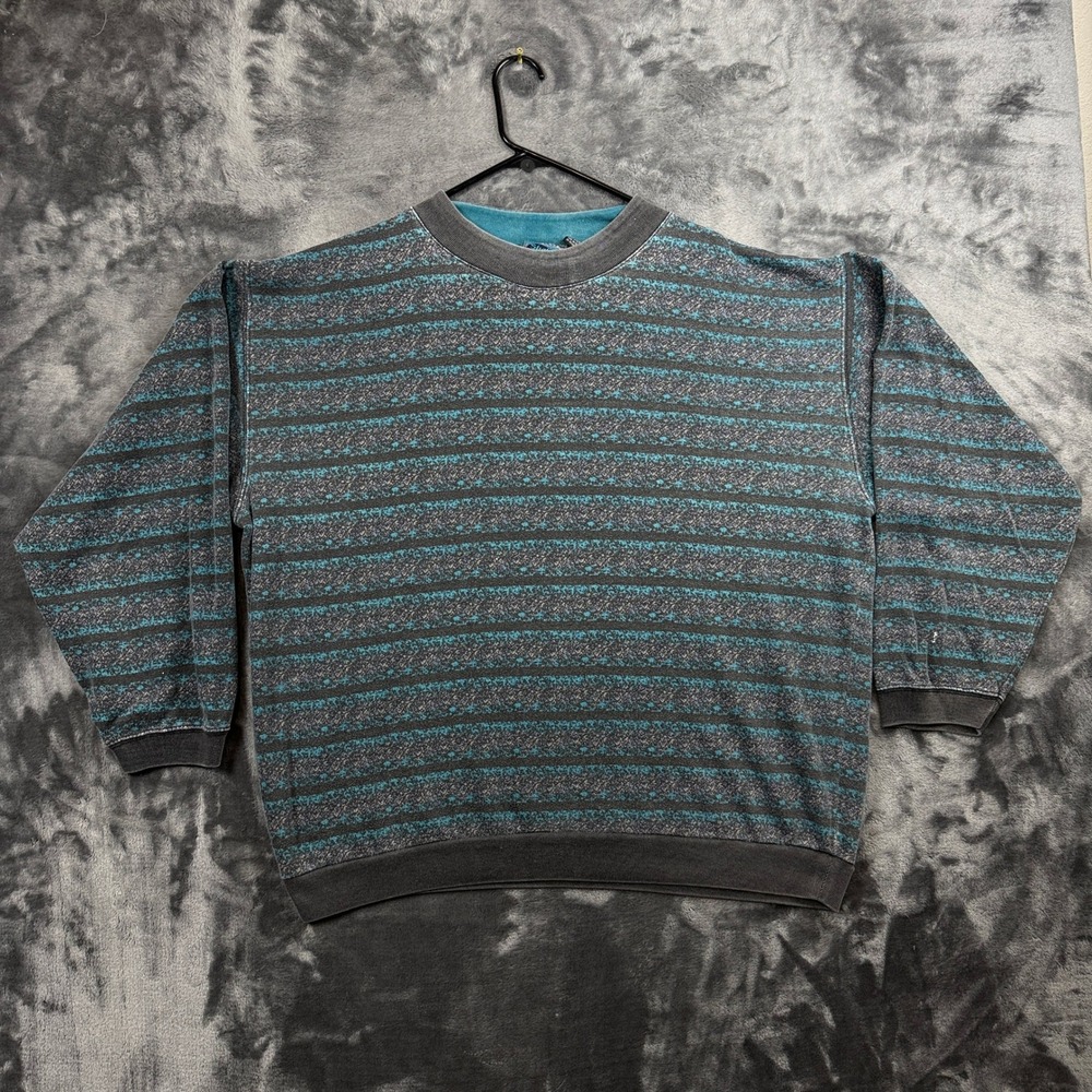 Shah Safari Sweatshirt Mens XL Grey Teal Striped Vintage 90s Pullover Crewneck